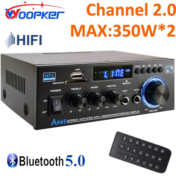 Woopker HiFi Digital Amplifier AK45 Bluetooth MP3 Channel 2.0 Sound AMP Support 90V-240V for Home Car MAX 350W*2