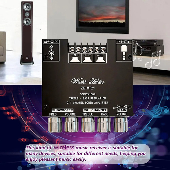ZK-MT21 Subwoofer Digital Power Amplifier Board 2.1 Channel Stereo Amp Module 50WX2+100W Bluetooth 5.0 Bass Amp