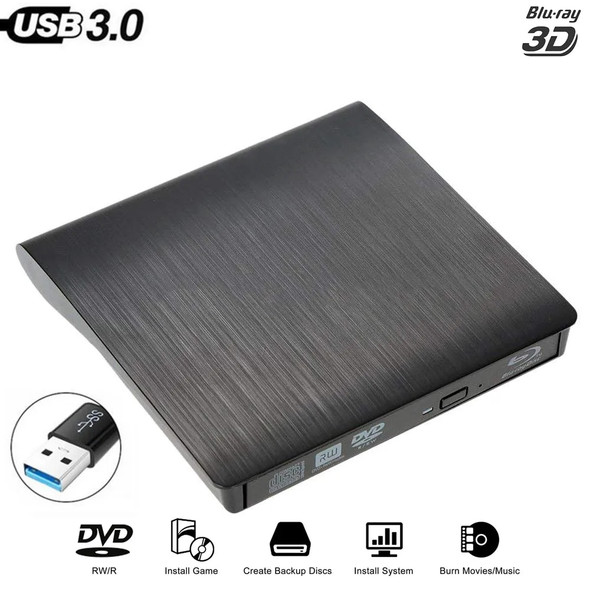 Blu-Ray Drive Slim USB 3.0 Bluray Burner BD-RE CD/DVD RW Writer Play Blu-ray Disc for Win 8/10 Laptop Notebook Netbook PC