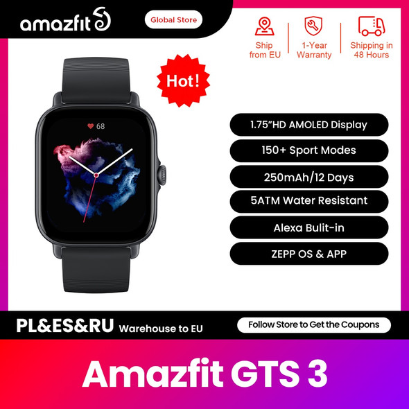 New Amazfit GTS 3 GTS3 GTS-3 Smartwatch 5 ATM Waterproof Alexa Built-in GPS Female Cycle Monitoring Smart Watch for Android IOS New Amazfit GTS 3 GTS3 GTS-3 Smartwatch 5 ATM Waterproof Alexa Built-in GPS Female Cycle Monitoring Smart Watch for Android IOS