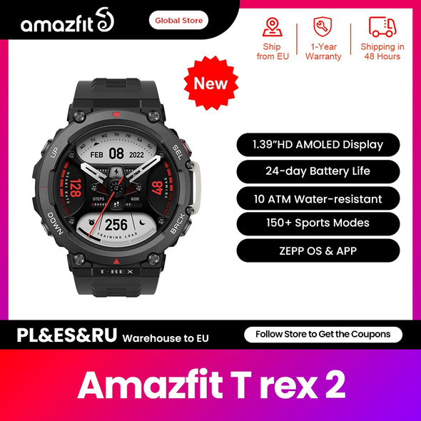 New Global Version Amazfit T Rex 2 Outdoor Smartwatch 150+Built-in Sports Modes 24-day Battery Life Smart Watch For Android iOS