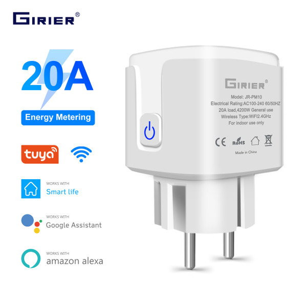 GIRIER Tuya Wifi Smart Plug 20A EU Smart Socket Outlet with Power Monitor Timer Function 4200W Compatible with Alexa Google Home