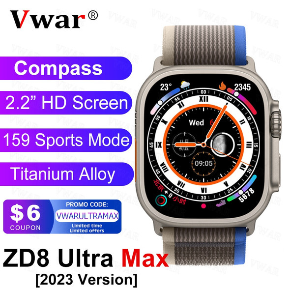 2023 VWAR ZD8 Ultra MAX Plus Smart Watch Series 8 Compass 49mm Titanium Alloy Bluetooth Call NFC ECG IP68 Waterproof Smartwatch