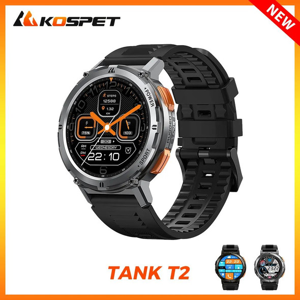 2023 New KOSPET TANK T2 Military Smart Watch AMOLED Display 24h Health Monitor 5ATM IP 69K Long Battery Life Smartwatch For Men