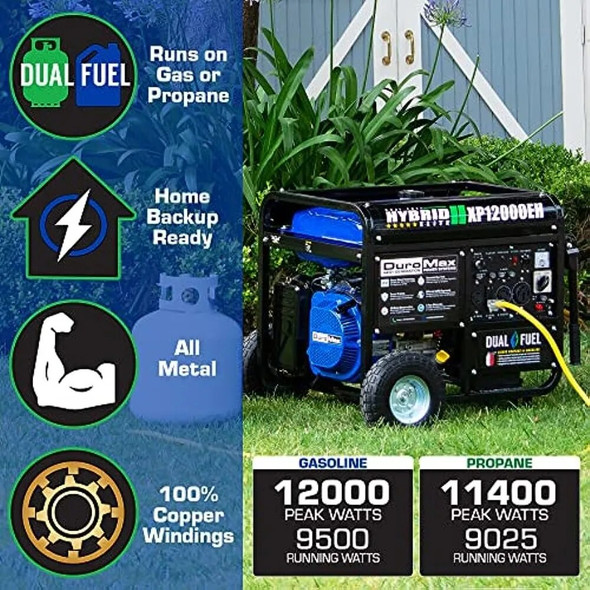 DuroMax XP12000EH Generator-12000 Watt Gas or Propane Powered Home Back Up & RV Ready, 50 State Approved Dual Fuel ElectricStart