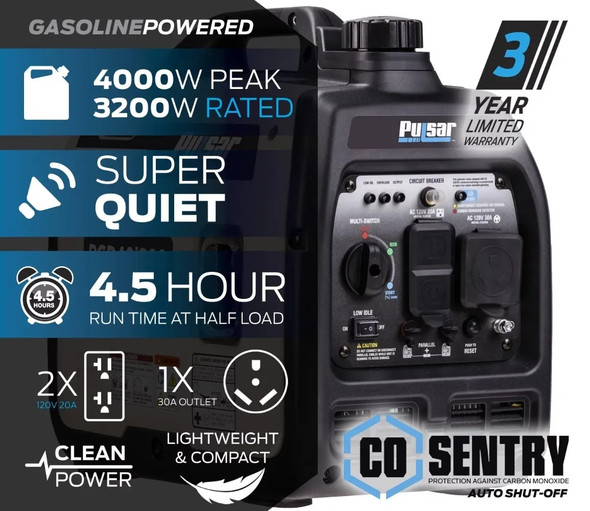Pulsar 4000-Watt Super Quiet Gas Powered Inverter Generator with CO Sentry r