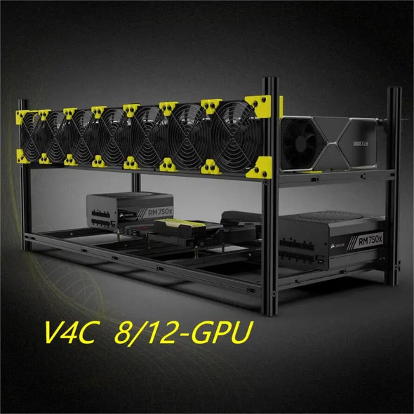 Funplaysmart V4C 8/12-GPU Miner Frame, Aluminum Alloy Stackable Cryptocurrency Mining Case, Open Air Rack with Fan Bracket