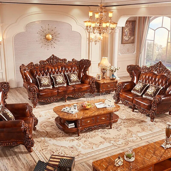 European Genuine Leather Sofa Living Room 123 Combination Villas High Grade Large Houses Top Floor Cowhide U-shaped