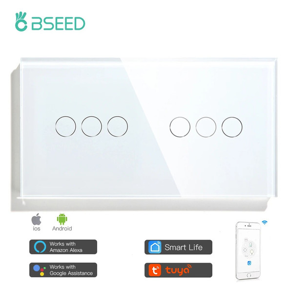 Bseed EU Wifi Smart Touch Switch 2/4/6Gang 2Way Light Switches Work With Tuya Smart Life Alexa Crystal Panel Switch