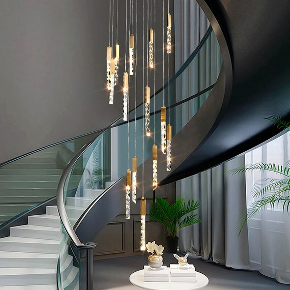 Modern LED Arystal Stair Chandelier Nordic Duplex Loft Living Room Hanging Lamp Dining Room Ceiling Chandelier Indoor Lighting