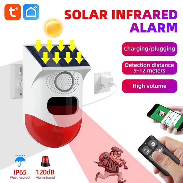 Tuya Smart WiFi Infrared Motion Detector Solar Outdoor PIR Wireless Strobe Siren Detector Sound Alarm Waterproof Remote Control