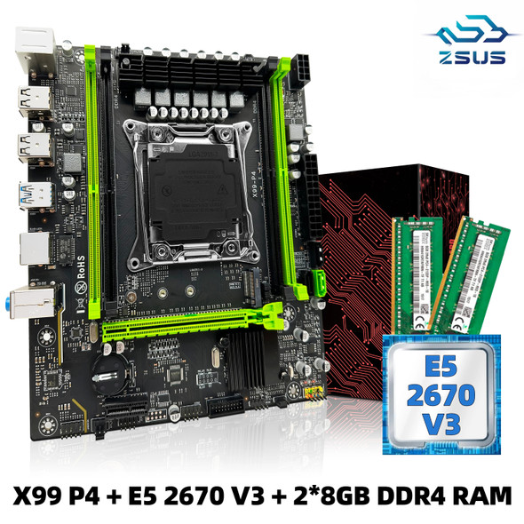 ZSUS X99 P4 Motherboard Set Kit With Intel LGA2011-3 Xeon E5 2670 V3 CPU DDR4 16GB (2*8GB) 2133MHZ RAM Memory NVME M.2 SATA