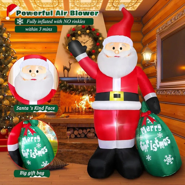 7 FT Christmas Inflatable Santa Claus with Gift Bag, Blow up Giant Santa Claus Indoor/Outdoor Decoration, Built-in LED Lights