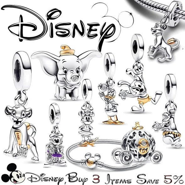 2023 Disney 100 Anniversary Mickey Minnie Dumbo 100% 925 Sterling SILVER Charm Beads Dangle Charm fit Original Pandora Bracelet