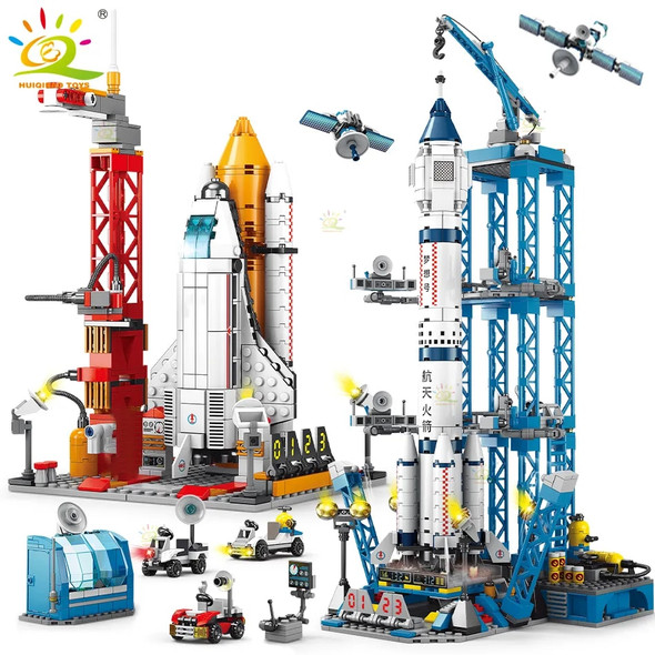 HUIQIBAO Space Aviation Manned Rocket Building Blocks With Astronaut Figure City Aerospace Model Bricks Children Toys for Kids