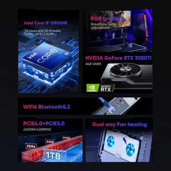 2023 Mini PC Gamer 12th Gen Intel i9 12900H i7 12700H Nvidia RTX 3050 8G PCIE4.0 2xDDR4 Windows 11 Desktop Computer 3x4K WiFi6