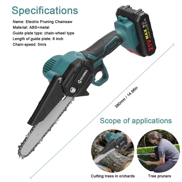 21V 6Inch Portable Electric Pruning Saw Rechargeable Small Wood Spliting Chainsaw One-handed Woodworking Tool For Garden Orchard