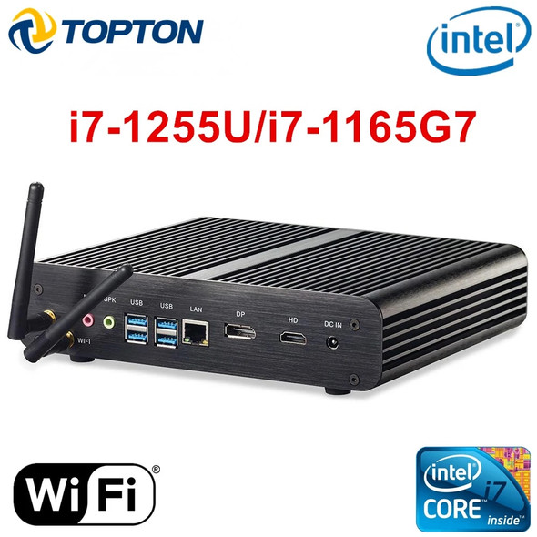 Fanless Mini PC 12th Gen Intel i7 1255U 1165G7 10710U Desktop Gaming Computer Barebone PC HTPC Aluminum Efficient Cooling WiFi