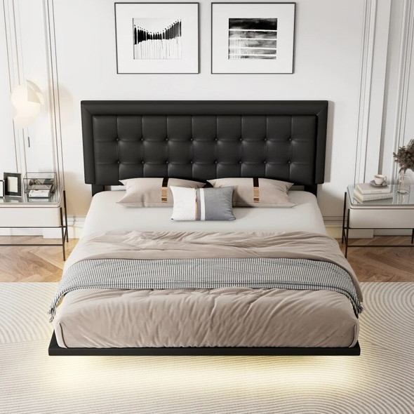 Queen Size Floating Bed Frame With Motion Activated Night Lights PU Upholstered Button Tufted Platform Bed Frame For Bedroom