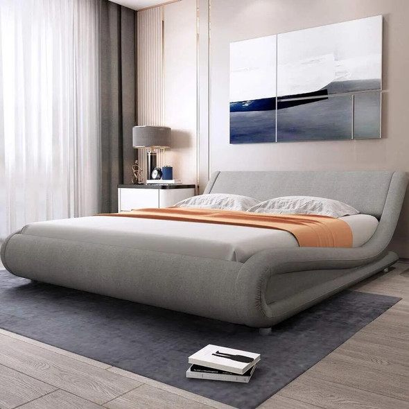 Queen Size bed,Queen Bed Frame & Curved Adjustable Headboard,Unique Fabric Upholstered Platform Bed suitable for Adult Teenagers