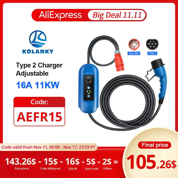 Mobile EV Charger 16A 11KW Type 2 IEC-62169 Plug Adjust Current Timer Charging For Hybrid Eletric Vehicle Cars 5M Cable