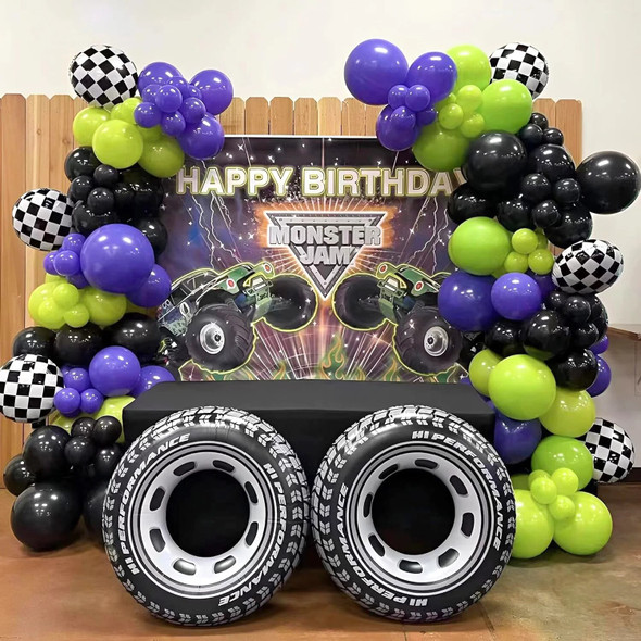 Truck themed balloon wreath arch set, black purple wheel balloons, racing monster themed birthday party decoration