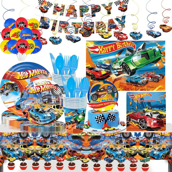 Hot Wheels Party Disposable Tableware Balloon Cup Plates Tablecloth Background Birthday Party Decor Baby Shower Party Supplies