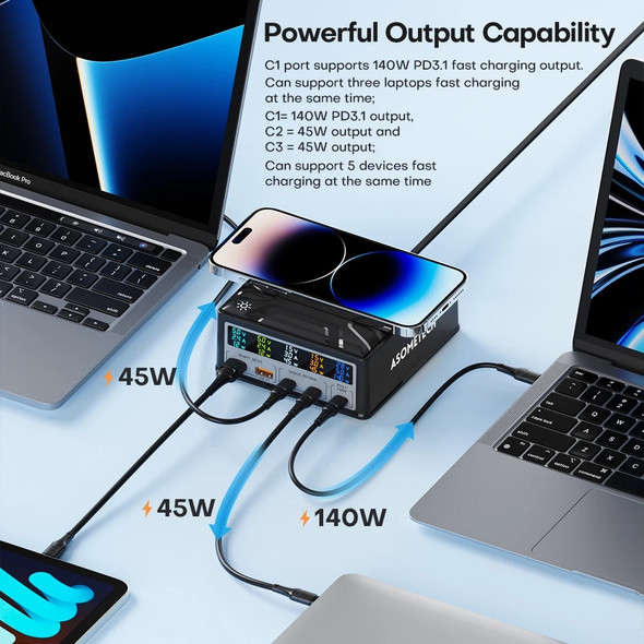 260W USB C GaN Charger Wireless Charger PD3.1 QC3.0 Fast Charger PPS 5-Port Fast Charging for MacBook Pro iPhone Samsung Laptop