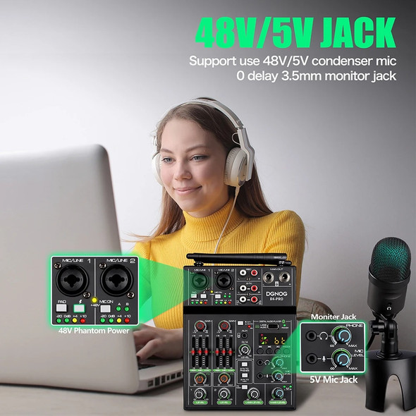 4 Channel Audio Mixer with Wireless Microphone USB Sound Table Bluetooth Console DJ Mixing for Party Karaoke Machine Soundbar