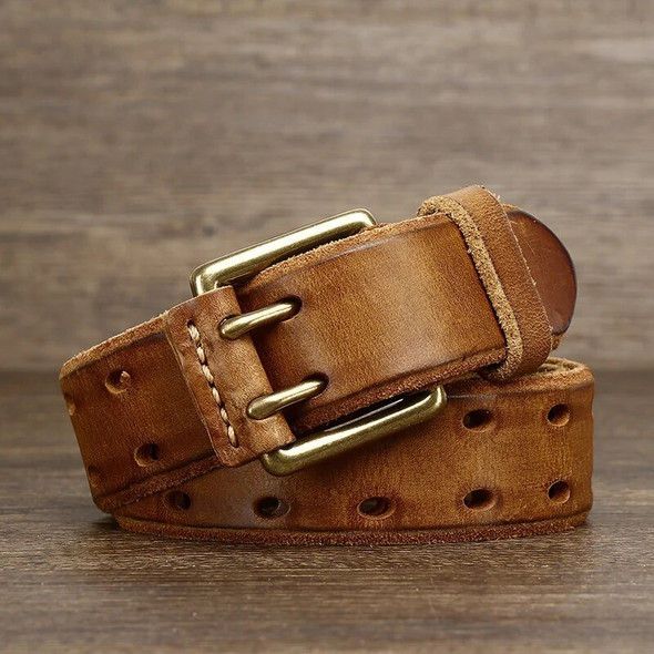 Belt For Men Leather Work Heavy Duty Double Buckles Dlawed Genuine Leather 3.8cm Male Copper Buckle Retro Brown Men's Belt