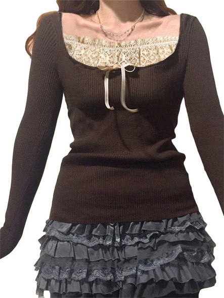 Y2k Women's Long Sleeve Knitted Tops Lace Stitching Neckline Knitwear Bowknot Decoration Slim-Fit Tshirt Pullovers Clubwear