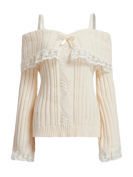 Women's Cold Shoulder Sweaters Long Sleeve Contrast Lace Knit Pullovers Bow Front Jumper Tops