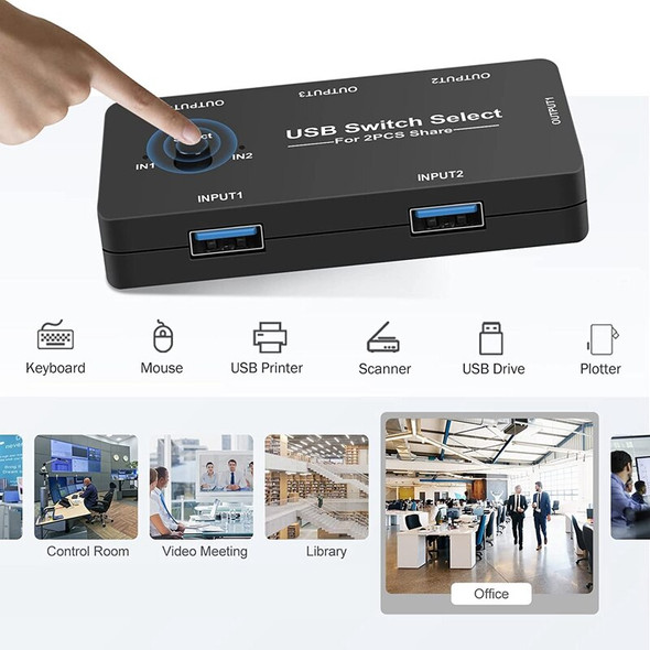USB Switch 2 Computer Sharing 4 USB Devices, USB KVM Switcher Selector With One Button Swapping, 4 Port USB2.0 Switch