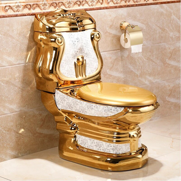 European Style Luxury Bathroom Golden WC Two Pieces Ceramic Gravity Flushing Toilet Set