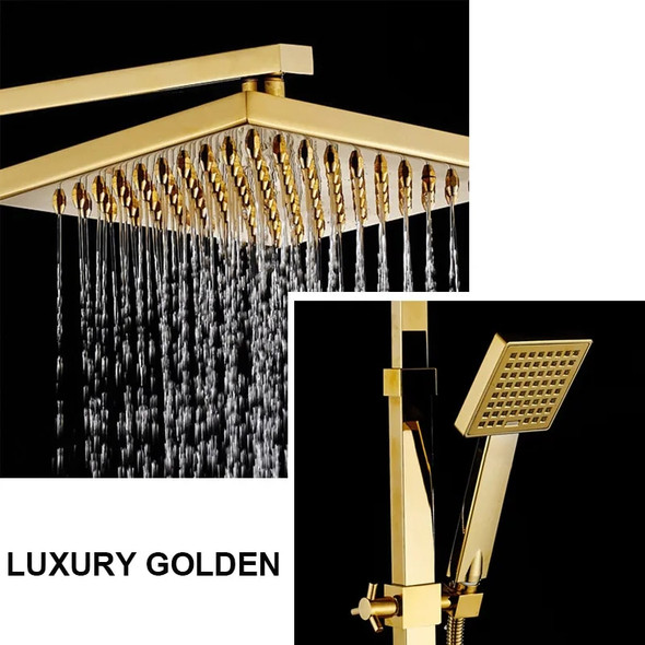 Quality Golden Bathroom Shower Faucet 8" Square Rainfall Shower Column Wall Mount Bath Set Single Handle With Handshower