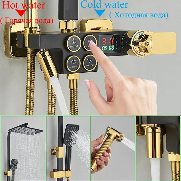 Black Gold Digital Thermostatic Shower Faucet Button Control Smart Shower Faucet Rainfall Bathtub Mixer Set Bathroom Bidet Tap