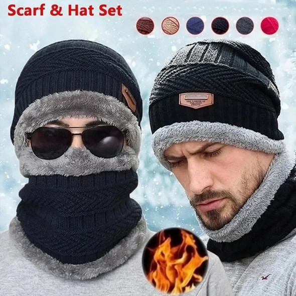 Winter Men's Beanie Knitted Hat Winter Hat Beanie Hat Women's Thick Fleece Collar Scarf Hat Balaclava Face Mask Hat
