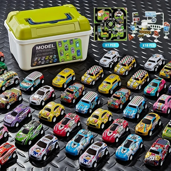 Alloy Toy Cars Set With Storage Box,Pull Back Cars Alloy Cars Playmat Road Signs, Toy Car Set For Boys Toddlers Christmas Gift