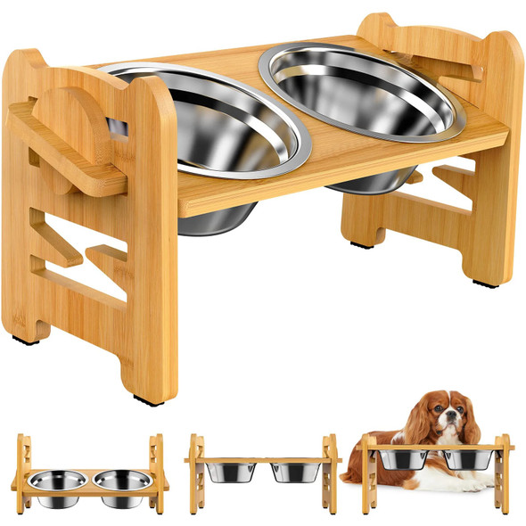 Elevated Stainless Dog Bowls with Bamboo Stand Tilted Adjustable Raised Puppy Cat Food Water Bowls Holder Pet Feeder Accessories