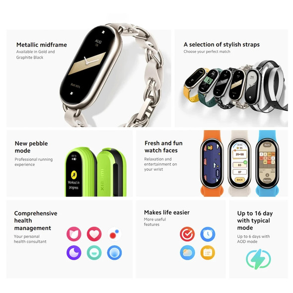 Global Version Xiaomi mi Band 8 Blood Oxygen 1.62'' AMOLED Fitness Smart Bracelet Long Battery Life 150+ Modes Smart Band