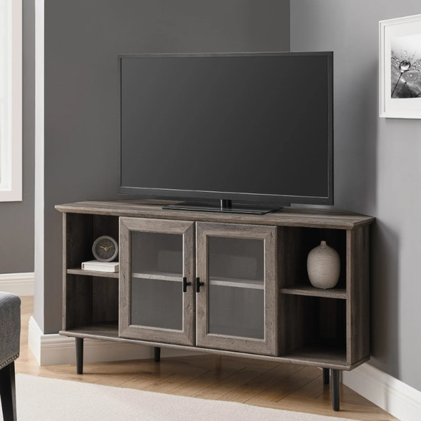 Manor Park Glass Door Corner TV Stand for TVs up to 55", Grey Wash living room furniture  tv stand cabinet