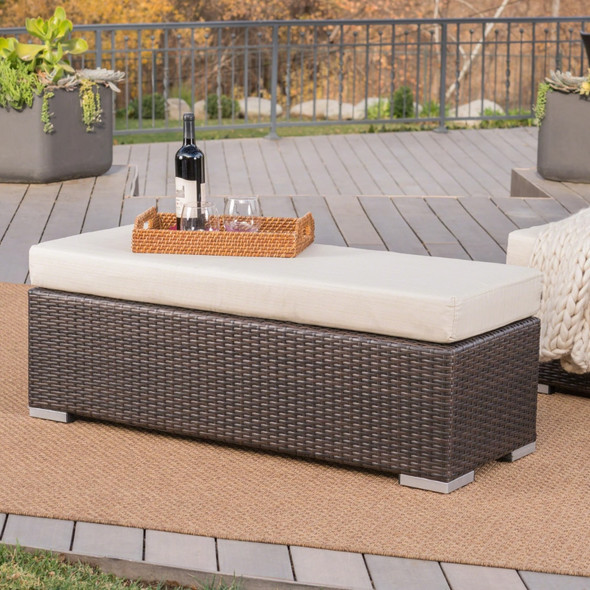 Avianna Outdoor Wicker Bench with Cushion, Multibrown, Beige