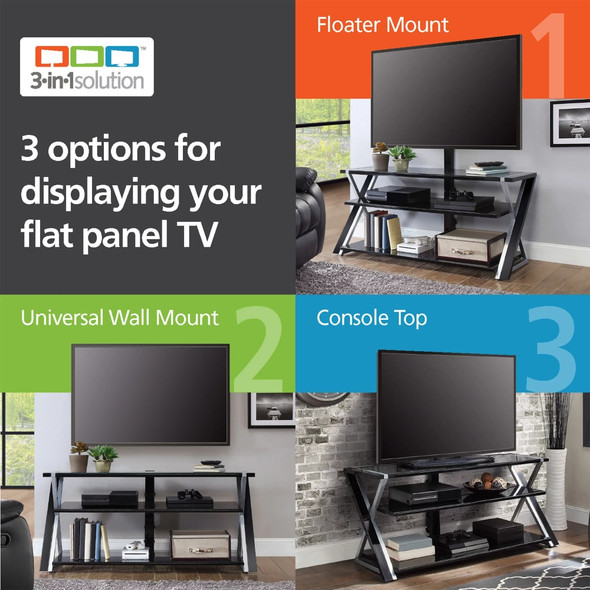 XL-44E Xavier 3-in-1 Television Stand, Durable and Strong，Tempered Glass, Glass, Metal，50.00 X 20.00 X 55.75 Inches