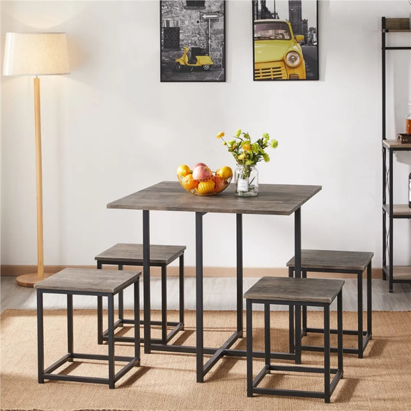 Easyfashion 5Pcs Dining Set with Industrial Square Table and 4 Backless Chairs, Drift Brown Dining Room Set  dining room tables