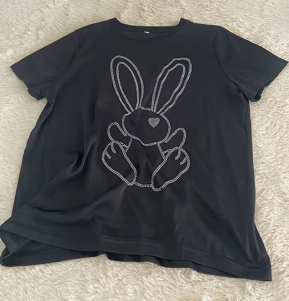 J021 2023 spring and summer cool T-shirt women black white hot drill round collar rabbit short sleeve