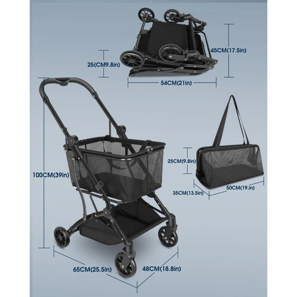 Shopping Cart Collapsible Utility Trolley Cart Features up 60 lbs Total Weight Capacity, Stylish Detachable Carry Bag
