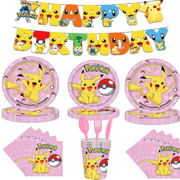 Pokemon Birthday Party Decorations Pink Paper Napkins Plates Cups Tablecloths Supplies Pikachu Banner Backdrop Set Party Decor