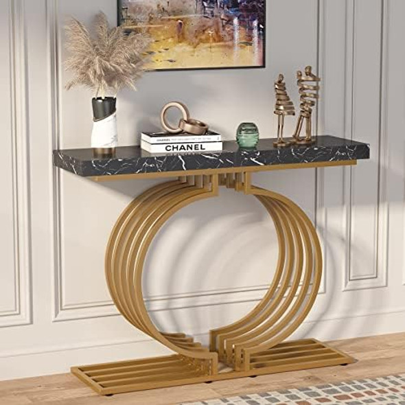 Console Table with Metal Base, 40 inch Geometric Entryway Sofa Table Narrow Long, Industrial Accent Table for Living Room, Entry
