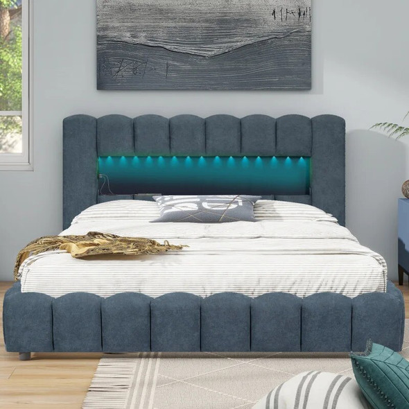 Queen Size Upholstered Platform Bed with LED Headboard and USB,Sturdy Frame, Easy to Assemble,Blue/Beige/Deep Blue