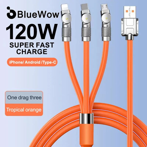 BlueWow The New 3 In 1 180 Degree Rotating Head 120W 6A 1.2m Data Line Super Charging for Xiaomi Huawei Iphone USB Metal Cable